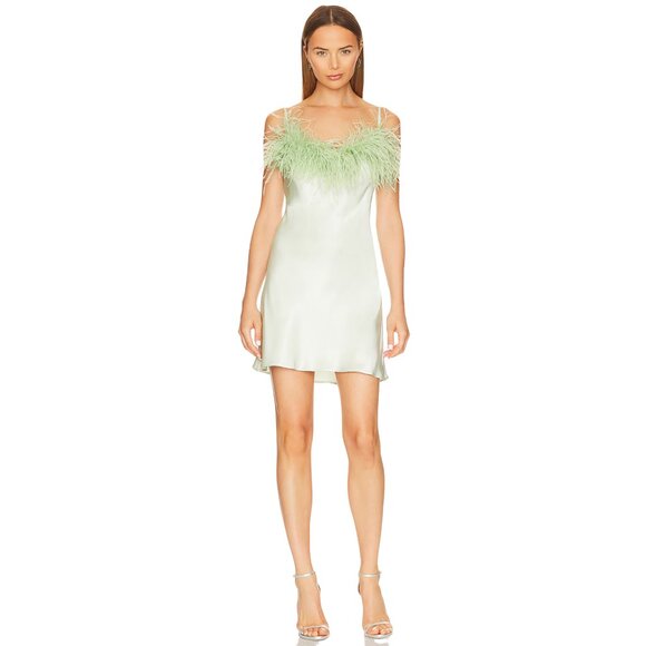 19. SLEEPER Boheme Mini Dress Feathers Mint Green $290 NWT Large - Picture 1 of 3